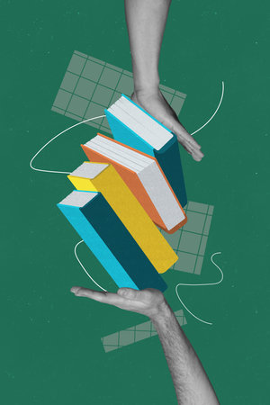 Vertical poster college hands body fragments book literature stack bookshop store collection library reader education knowledgeの写真素材