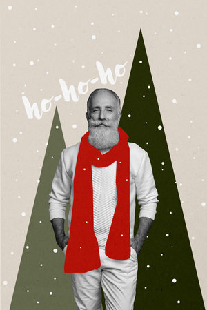 Vertical photo collage of happy old man wear wool scarf forest walk snowflakes winter season ho ho ho holiday isolated on painted backgroundの写真素材