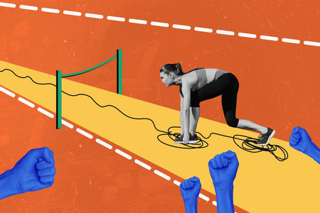 Composite trend artwork sketch image 3D photo collage of sport training exercise gym young lady stadium run marathon competition fist fanの写真素材