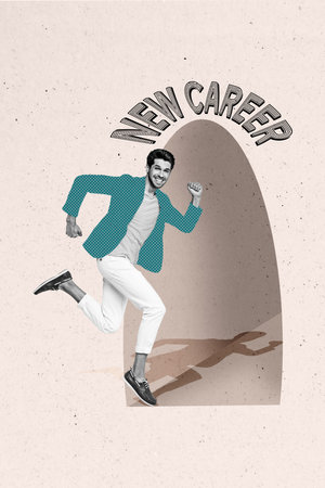 Composite trend artwork 3D image photo collage of new career candidate competition choice work job young man fast run open doorの写真素材