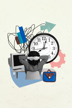 Vertical photo collage of freelancer businesswoman sit office pc monitor workplace time interval arrow isolated on painted backgroundの写真素材
