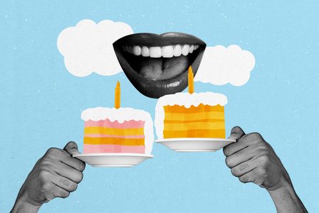 Composite trend artwork sketch image collage of happy birthday greeting card young lady mouth smile...
