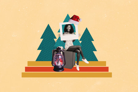 Composite photo collage of astonished american girl sit present box sale coupon promo megaphone announce isolated on painted backgroundの写真素材