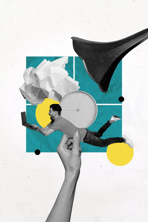 Composite trend artwork sketch image photo collage of huge hand sleeve wrist gesture hold small young man work laptop remote fly movingの写真素材