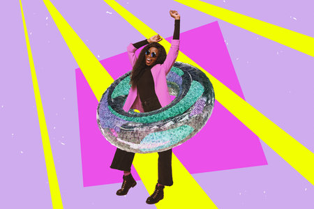 Creative poster collage of funny female dancing discoball hulahoop have fun unusual fantasy billboard comics zineの写真素材