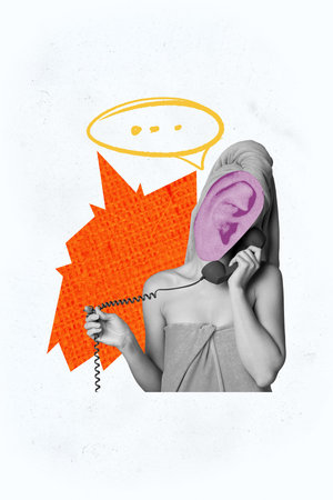Vertical photo collage of anonym faceless girl speak telephone handset distance communication bubble...