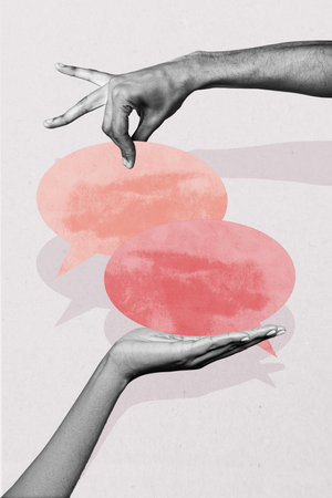 Composite trend artwork sketch image photo collage of anonymous two wrist hand hold message speech bulb textbox sms conversation appの写真素材