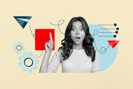 Composite trend artwork sketch image collage of cyberspace webpage interface icon young woman finger point up gesture message cogwheelの写真素材