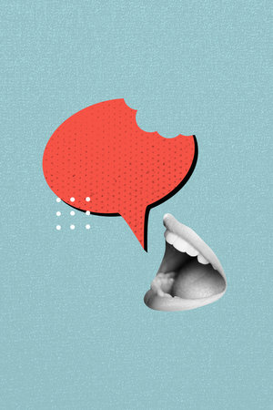 Vertical photo collage of happy faceless mouth talk bite bubble communication speech cloud...