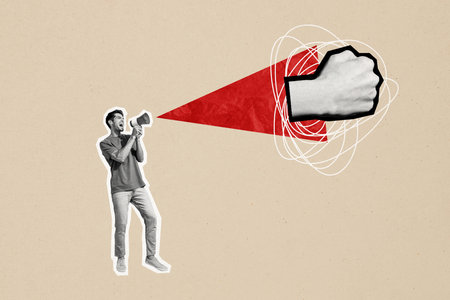 Composite photo collage of aggressive man scream megaphone fist gesture demonstration activist announce isolated on painted backgroundの写真素材