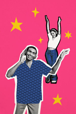 Vertical photo collage of happy american guy white girl listen music headphones disco occasion stars isolated on painted backgroundの写真素材