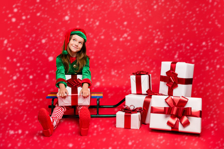 Nice attractive dreamy cheerful cheery funny pre-teen elf carrying holding fairy tradition purchase...