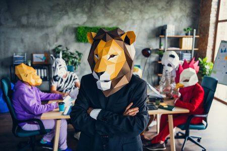 Photo of panda rooster gorilla sloth zebra raccoon mask business people lion boss crossed arms loft interior office indoorsの写真素材