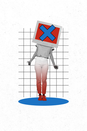 Vertical photo collage of anonym girl instead head pc monitor screen cross it mistake error broke...