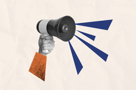 Creative collage human hand hold bullhorn loudspeaker announce protest demonstration information proclaim attention drawing backgroundの写真素材