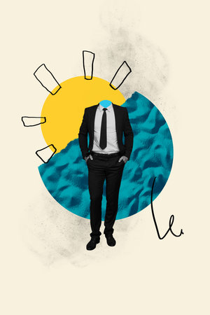 Vertical photo collage of headless anonym businessman wear formal suit summer sun sand weekend holidays isolated on painted backgroundの写真素材