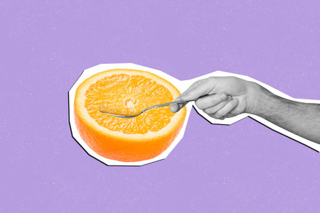 Creative image collage human hand body fragment eat orange juicy fresh fruit healthy tropical exotic...