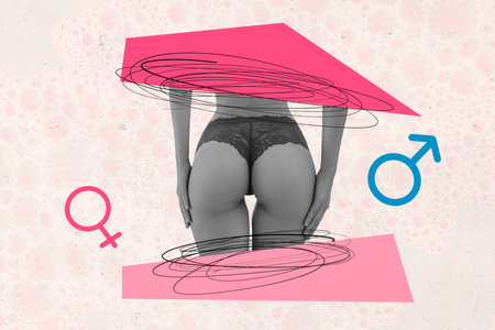 Composite trend artwork sketch photo collage of pink color space monochrome young lady sexy beautiful naked body ass lingerie butt fantasyの写真素材