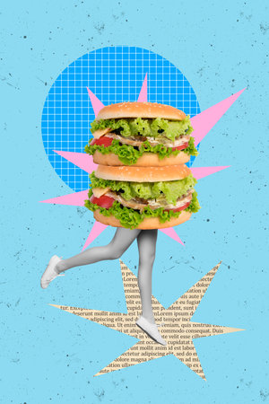 Creative fast food menu restaurant collage concept advertisement woman caricature hamburger eating isolated on blue color backgroundの写真素材