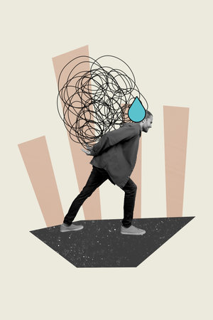 Vertical photo collage of upset depressed man carry scribble thoughts mess workload pressure business isolated on painted backgroundの写真素材