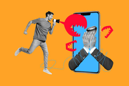 Collage young man scream announce proclaim loudspeaker internet mockery bullying touchscreen media...