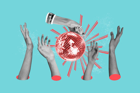 Artwork sketch photo collage of teal backdrop caricature night club rest relax retro music dance disco ball many hands arms appear crowdの写真素材