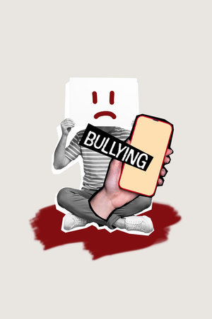 Vertical photo collage of human instead head avatar sad emoji hand hold phone cyberbullying hate insult isolated on painted backgroundの写真素材