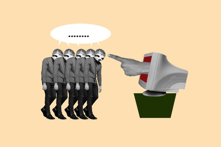 Composite photo collage of unhappy employee crowd boss hand peek pc screen point dismissal fired out...
