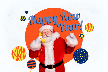 Composite photo collage of happy old man santa claus speak telephone handset wish new year tradition winter isolated on painted backgroundの写真素材