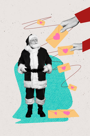 Composite trend artwork collage of merry Christmas holiday celebrate winter season aged man santa claus stand receive hand hold envelopeの写真素材