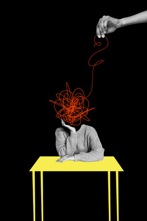 Composite trend artwork sketch collage of person headless young woman angry bad mood mind think...