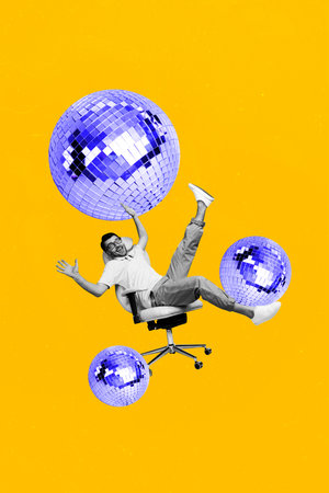 Vertical poster collage young crazy man armchair discoball festive event weekend entertainment...