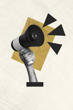 Composite artwork 3D sketch image collage of workspace monochrome silhouette huge hand arm appear hold megaphone loudspeaker talk leaderの写真素材
