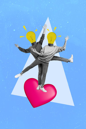 Vertical poster collage headless people lightbulb invention idea smart solution electric lamp heart...