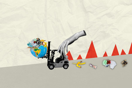 Composite artwork photo collage of warming climate ecology disaster pollution earth protection debris cleaning machine collect plasticの写真素材