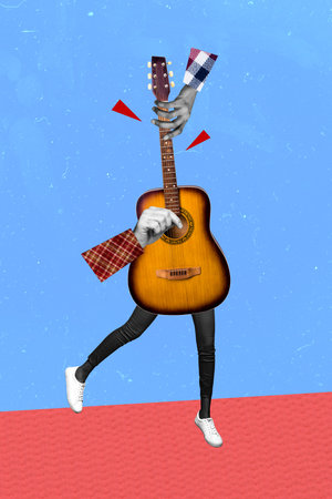 Composite trend artwork photo collage of blue color backdrop caricature carefree party rest human guitar instrument body walk play music songの写真素材