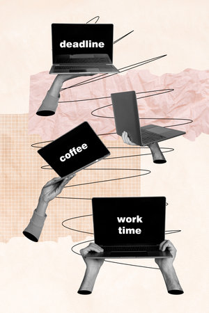Vertical illustration collage template image of hands holding laptops gadgets deadlines coffee and...