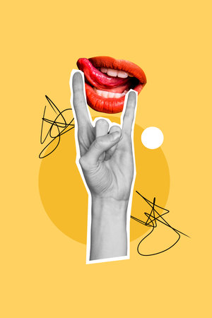 Vertical photo collage of hand show rock gesture horns mouth tongue roll lover music fan showing cool isolated on painted backgroundの写真素材
