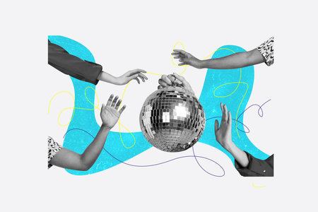 Composite collage picture image of hands hold discoball enjoy party retro discotheque fantasy...