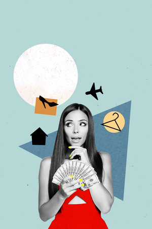 Vertical photo collage of happy girl shopaholic hold dollar income choose purchase black friday...