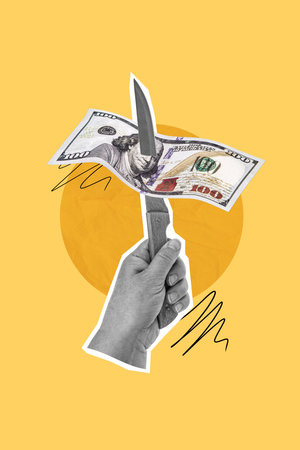 Vertical photo collage of human business hand hold knife cut dollar cash banknote bankrupt problem inflation isolated on painted backgroundの写真素材