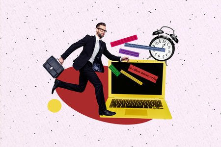 Creative collage image young handsome running businessman laptop computer alarm clock deadline boss occupation job hurryの写真素材