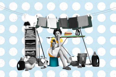 Creative collage picture young housewife bored sit browse smartphone digital device laundry clothes hanging housekeeper home dutyの写真素材