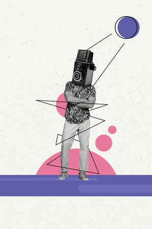 Vertical photo collage of man instead head photo camera device shooting concept rare digital device capture isolated on painted backgroundの写真素材