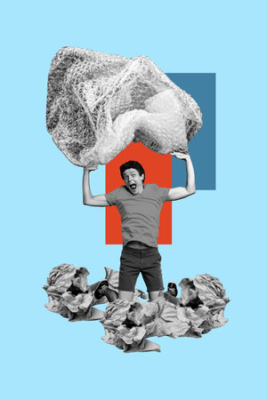 Creative drawing collage picture of amazed young man hold polyethylene package dumping yard weird freak bizarre unusual fantasyの写真素材