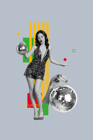 Vertical composite artwork collage picture image of girl dance disco ball isolated on creative backgroundの写真素材