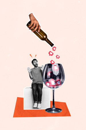 Vertical photo collage of astonished guy alcohol addiction hand pour wine glass imitation like love blogging isolated on painted backgroundの写真素材