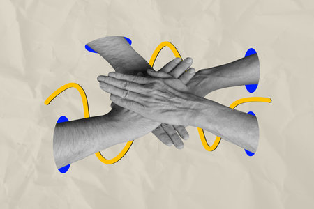 Composite photo collage of hands hold together high five support unity cooperation colleagues company isolated on painted backgroundの写真素材