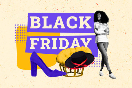 Trend artwork sketch image photo collage of sale discount offer low price black friday young lady smile stand huge shoes armchair hatの写真素材