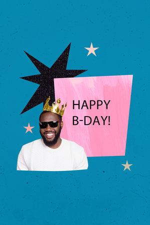 Vertical photo collage of happy american guy wear sunglass crown birthday party festive event...